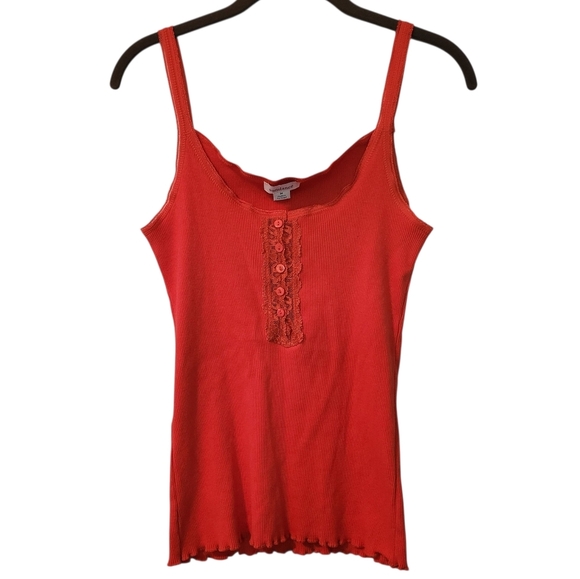 Sundance Deep Orange Cotton Ribbed 3/4 Button Lace Tank Top Wmns M Summer Beach - Picture 1 of 10
